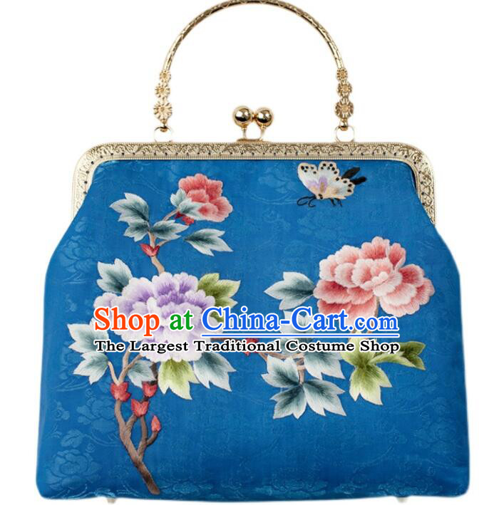 China National Royal Blue Silk Chain Bag Handmade Suzhou Embroidery Peony Handbag Cheongsam Evening Bag