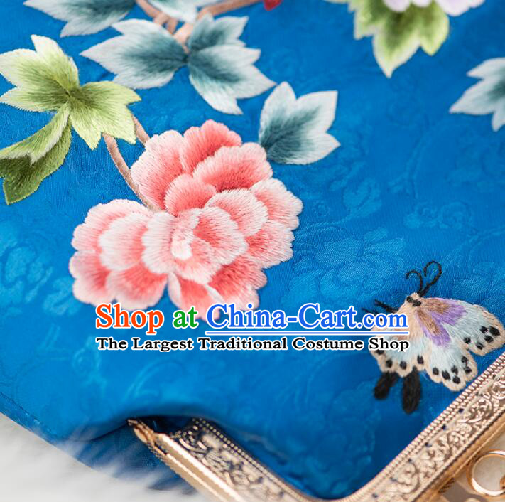 China National Royal Blue Silk Chain Bag Handmade Suzhou Embroidery Peony Handbag Cheongsam Evening Bag