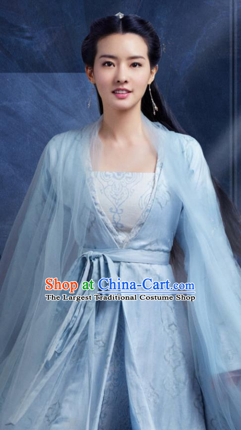 China Romance Drama The Blessed Girl Li Sha Clothing Traditional Cosplay Fairy Blue Hanfu Dress Ancient Swordswoman Garment Costumes and Headpieces