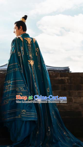China Ancient Emperor Garment Costumes Romance Drama The Blessed Girl Yuan Yi Clothing Traditional King Blue Imperial Robe and Headdress