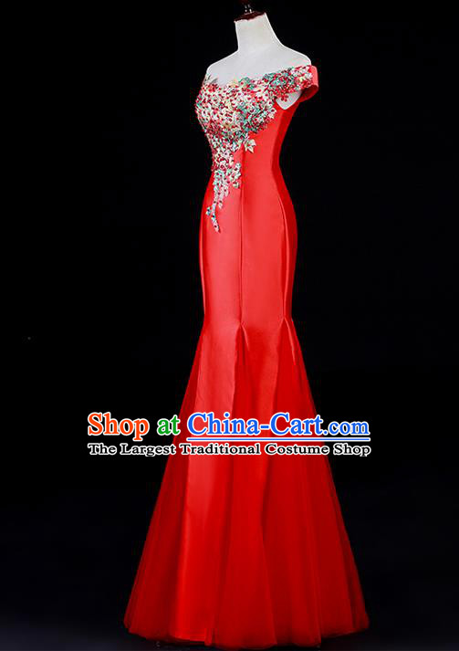 Professional Custom Red Full Dress Dinner Party Formal Garment China New Year Off Shoulder Mermaid Dress