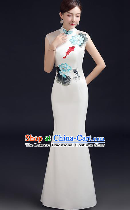 Chinese New Year Full Dress Traditional White Qipao Modern Cheongsam Ink Painting Lotus Fish Qipao Dress