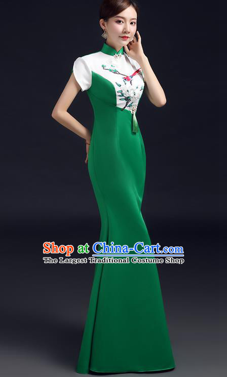 Chinese Embroidered Magnolia Qipao Dress New Year Full Dress Traditional Green Satin Qipao Modern Cheongsam