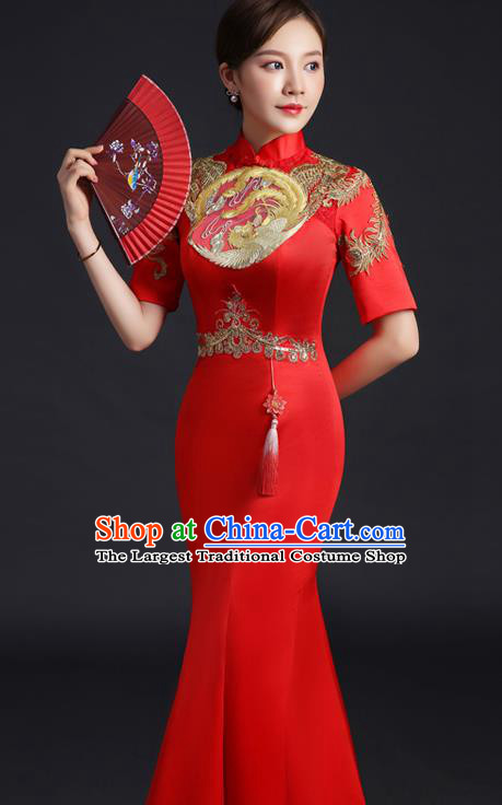 Chinese New Year Middle Sleeve Full Dress Traditional Wedding Qipao Bride Modern Red Cheongsam Embroidered Phoenix Qipao Dress