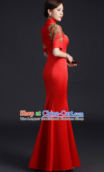 Chinese New Year Middle Sleeve Full Dress Traditional Wedding Qipao Bride Modern Red Cheongsam Embroidered Phoenix Qipao Dress