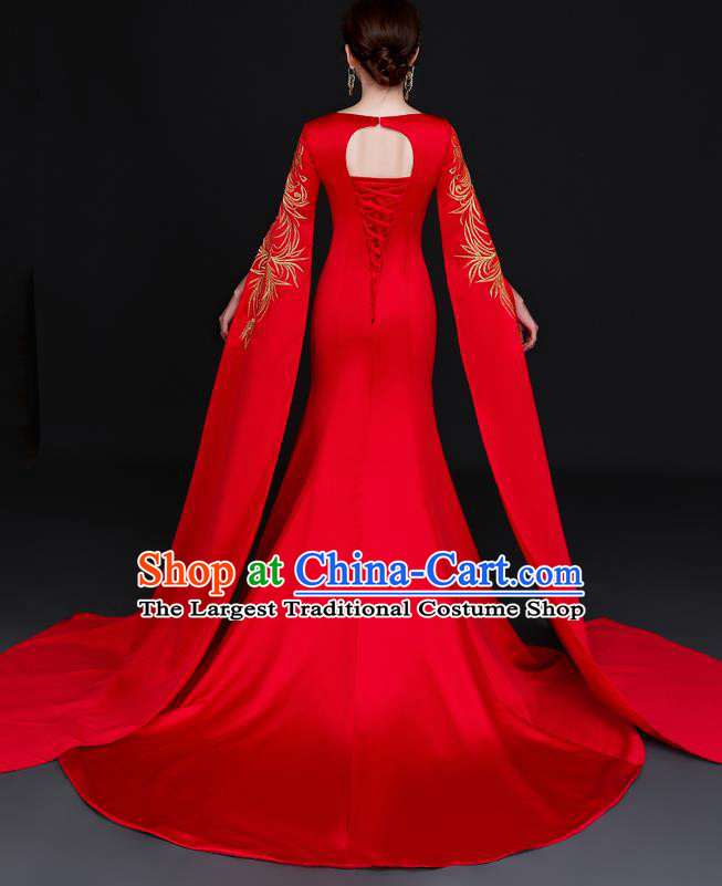 Chinese Bride Modern Cheongsam Trailing Qipao Dress Wedding Red Full Dress Traditional Bride Embroidered Qipao