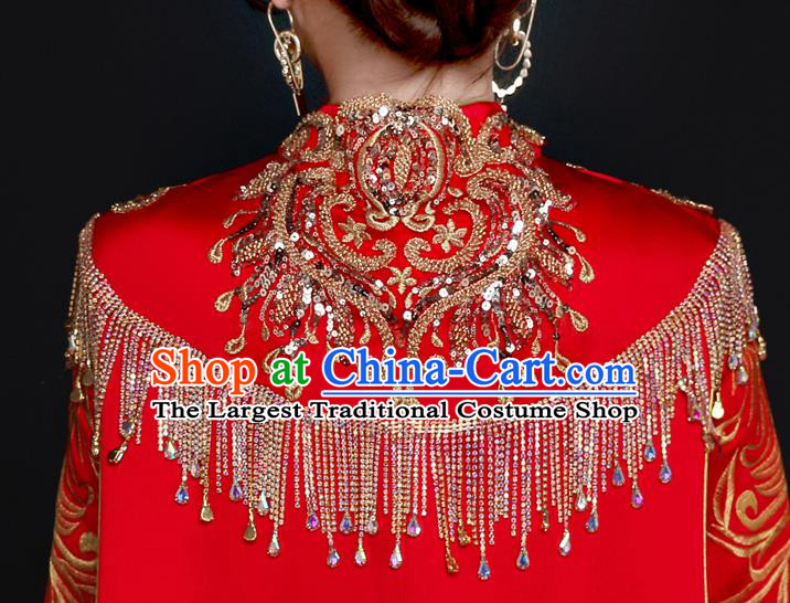 Chinese Bride Modern Cheongsam Trailing Qipao Dress Wedding Red Full Dress Traditional Bride Embroidered Qipao