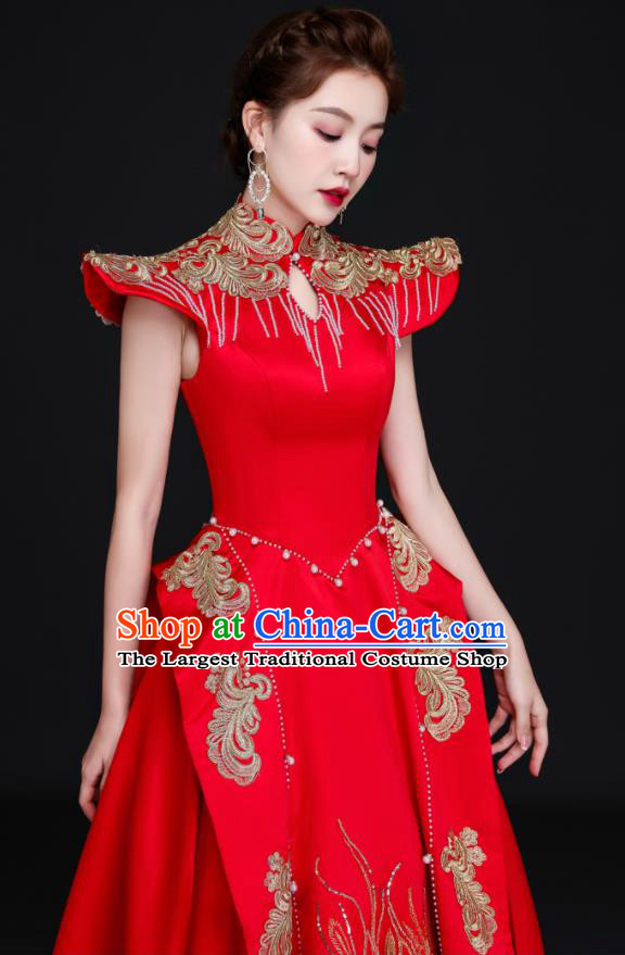 China Professional Embroidery Full Dress Dinner Party Formal Garment New Year Compere Red Dress