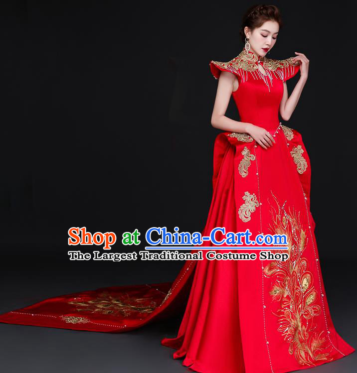 China Professional Embroidery Full Dress Dinner Party Formal Garment New Year Compere Red Dress