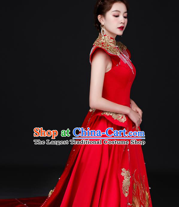 China Professional Embroidery Full Dress Dinner Party Formal Garment New Year Compere Red Dress