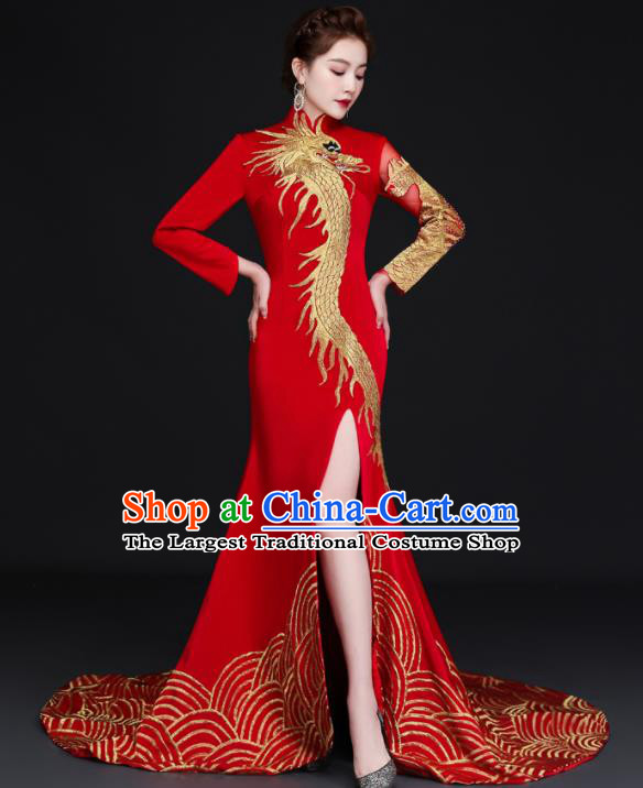 Chinese Bride Embroidered Dragon Trailing Qipao Modern Cheongsam Traditional Qipao Dress Wedding Red Full Dress