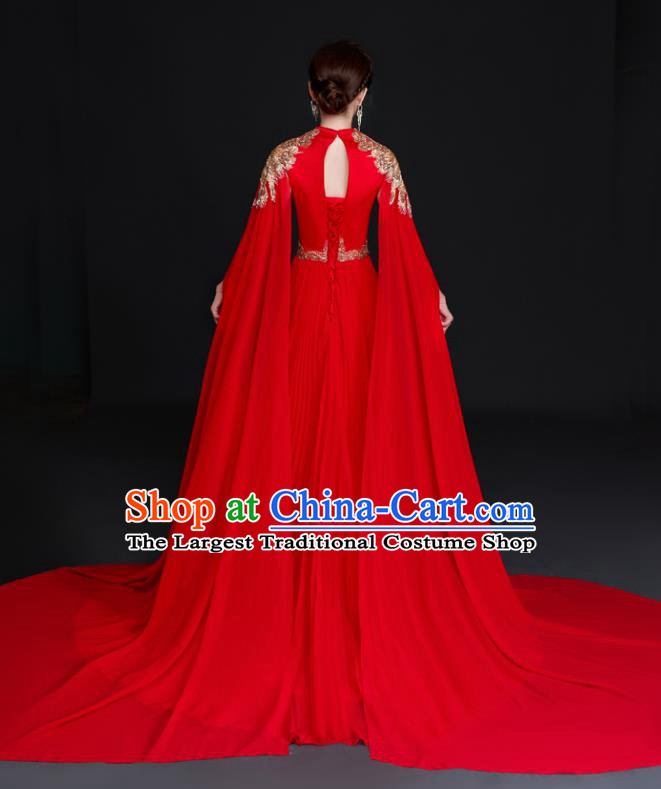China New Year Compere Red Dress Professional Embroidery Full Dress Dinner Party Formal Garment