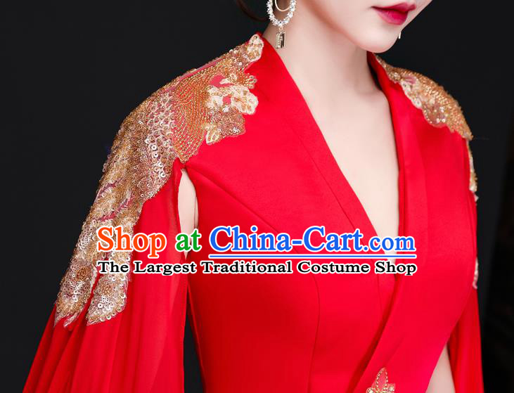 China New Year Compere Red Dress Professional Embroidery Full Dress Dinner Party Formal Garment