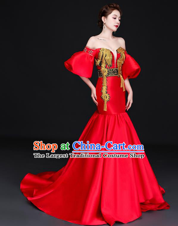 China Dinner Party Formal Garment New Year Compere Red Flare Dress Professional Embroidery Phoenix Full Dress