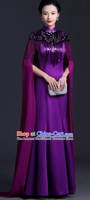 Chinese Black Tassel Qipao Clothing Modern Fishtail Cheongsam Traditional Purple Qipao Dress Hostess Full Dress