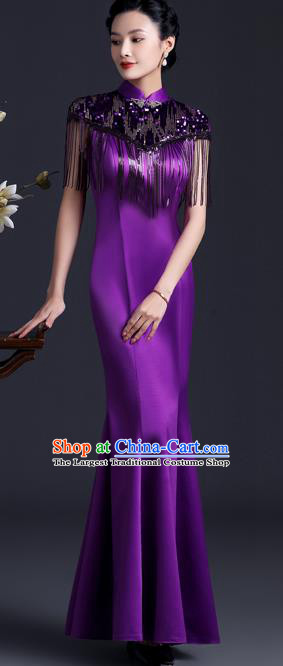 Chinese Black Tassel Qipao Clothing Modern Fishtail Cheongsam Traditional Purple Qipao Dress Hostess Full Dress