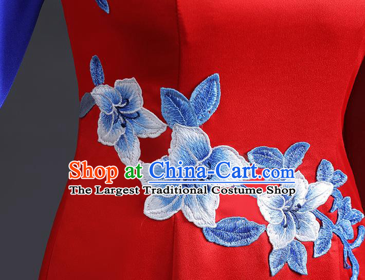 Chinese Traditional Red Dress Compere Full Dress Embroidered Qipao Clothing Modern Cheongsam