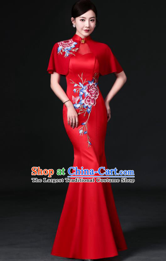 Chinese Hostess Full Dress Embroidered Qipao Clothing Modern Fishtail Cheongsam Traditional Red Tippet Qipao Dress