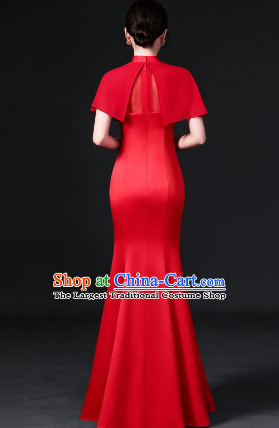Chinese Hostess Full Dress Embroidered Qipao Clothing Modern Fishtail Cheongsam Traditional Red Tippet Qipao Dress