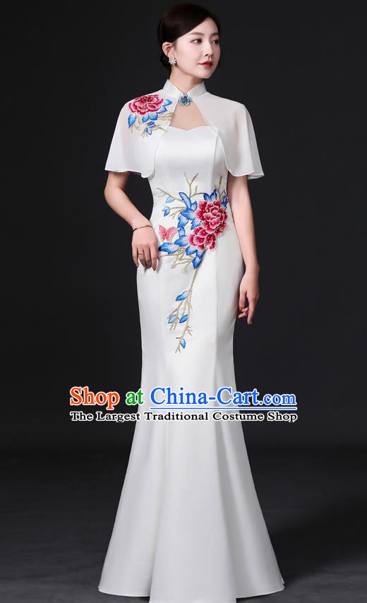 Chinese Traditional White Tippet Qipao Dress Hostess Full Dress Embroidered Qipao Clothing Modern Fishtail Cheongsam