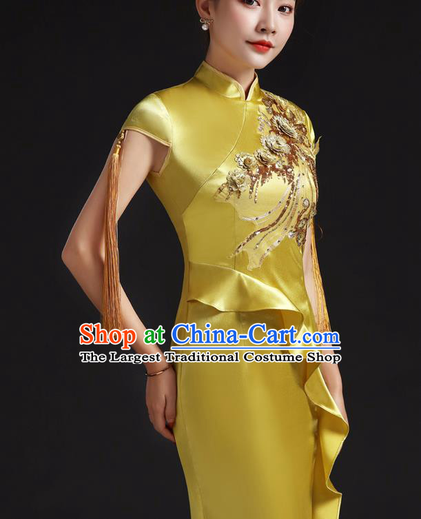 Chinese Embroidered Yellow Qipao Clothing Modern Cheongsam Traditional New Year Dress Compere Full Dress