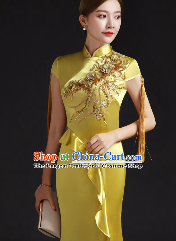Chinese Embroidered Yellow Qipao Clothing Modern Cheongsam Traditional New Year Dress Compere Full Dress