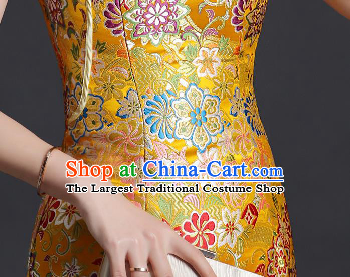 Chinese Classical Qipao Clothing Bride Golden Brocade Cheongsam Traditional Wedding Dress Compere Full Dress