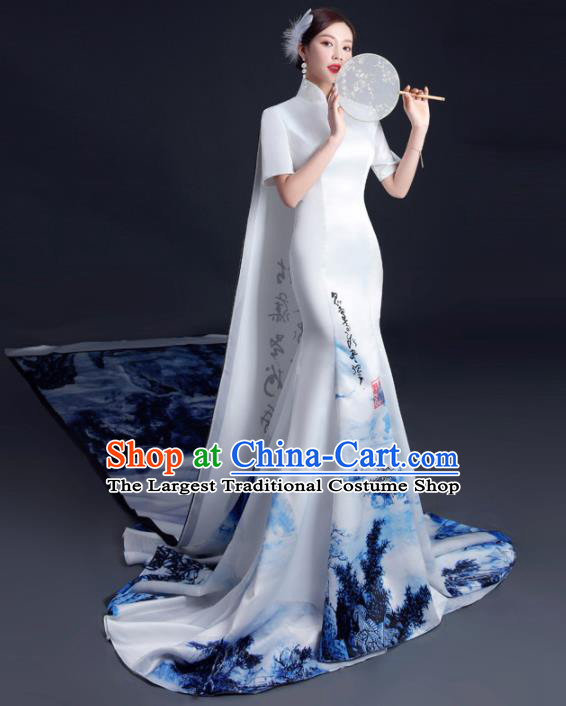 China Professional Catwalks Full Dress Dinner Party Formal Garment Compere Ink Painting Landscape Trailing Dress