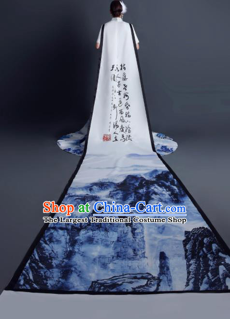 China Professional Catwalks Full Dress Dinner Party Formal Garment Compere Ink Painting Landscape Trailing Dress