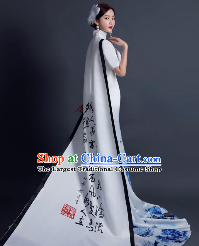 China Professional Catwalks Full Dress Dinner Party Formal Garment Compere Ink Painting Landscape Trailing Dress