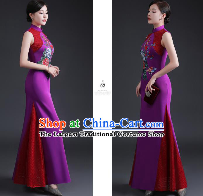 Chinese Modern Lace Cheongsam Traditional Purple Qipao Dress Hostess Full Dress Embroidered Peony Qipao Clothing