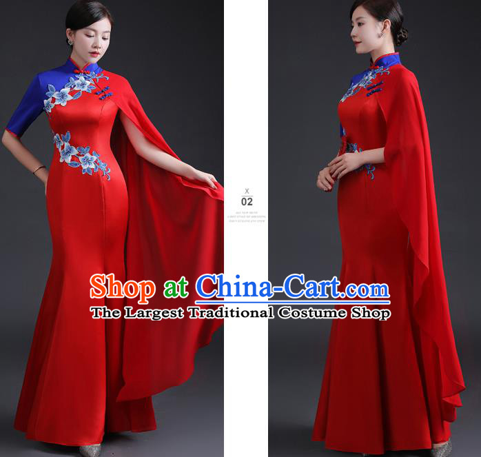 Chinese Traditional Red Dress Compere Full Dress Embroidered Qipao Clothing Modern Cheongsam