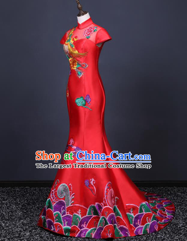 China Professional Catwalks Embroidery Phoenix Full Dress New Year Formal Costume Compere Red Trailing Dress