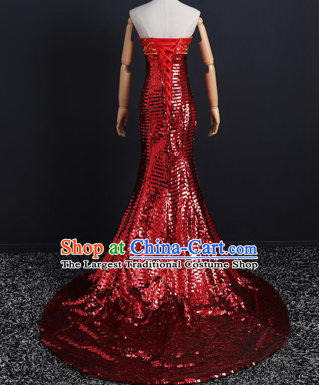 China Compere Red Fishtail Dress Professional Catwalks Embroidery Beads Full Dress New Year Formal Costume