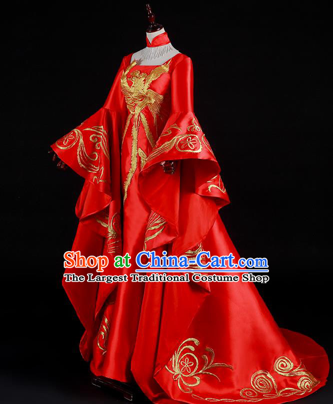 China New Year Formal Costume Compere Red Water Sleeve Dress Professional Catwalks Embroidery Phoenix Full Dress