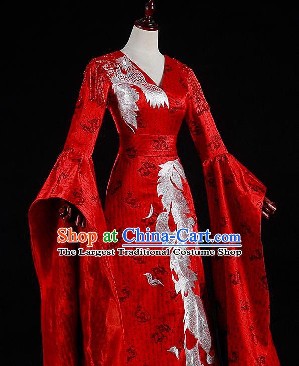 China Professional Catwalks Embroidery Full Dress New Year Formal Costume Compere Red Water Sleeve Dress