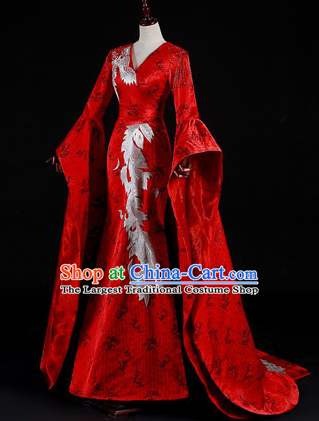 China Professional Catwalks Embroidery Full Dress New Year Formal Costume Compere Red Water Sleeve Dress