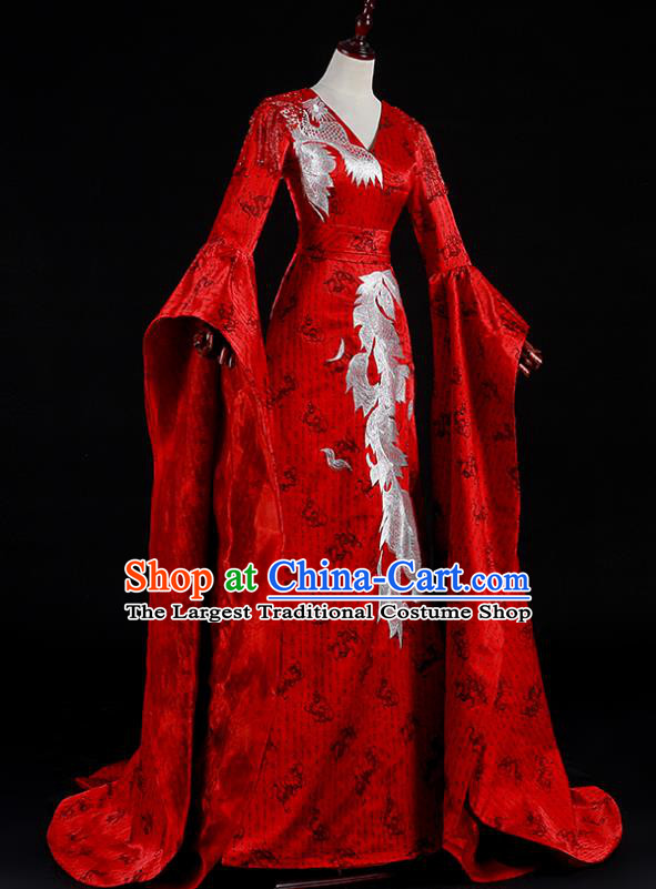 China Professional Catwalks Embroidery Full Dress New Year Formal Costume Compere Red Water Sleeve Dress