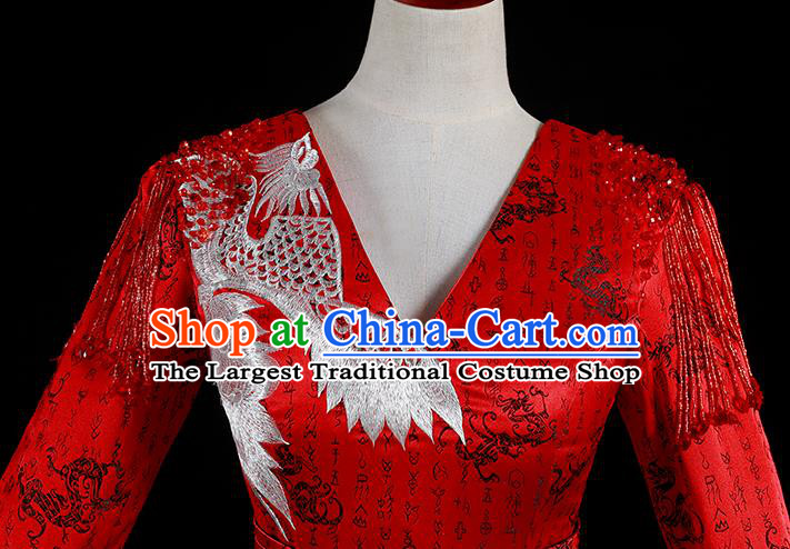 China Professional Catwalks Embroidery Full Dress New Year Formal Costume Compere Red Water Sleeve Dress