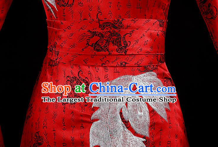 China Professional Catwalks Embroidery Full Dress New Year Formal Costume Compere Red Water Sleeve Dress