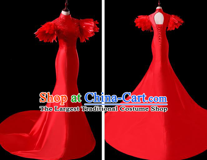 China New Year Formal Costume Compere Red Feather Dress Professional Catwalks Full Dress