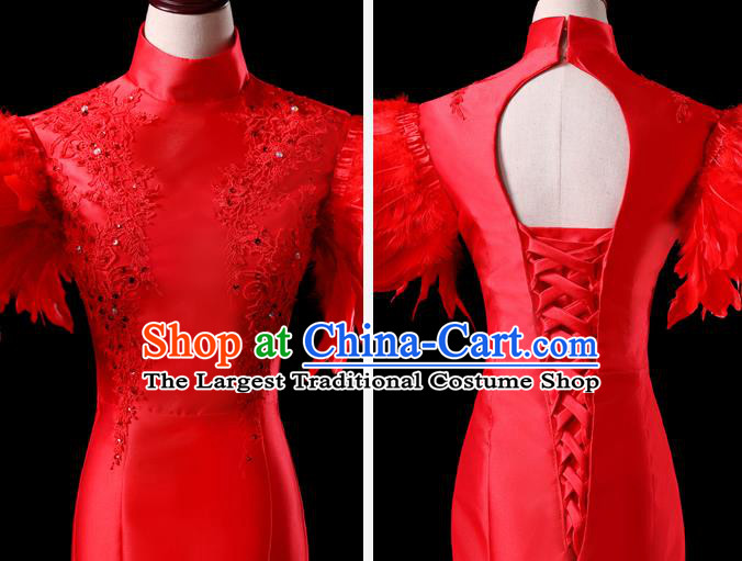 China New Year Formal Costume Compere Red Feather Dress Professional Catwalks Full Dress