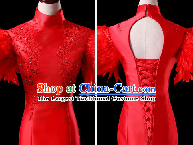 China New Year Formal Costume Compere Red Feather Dress Professional Catwalks Full Dress