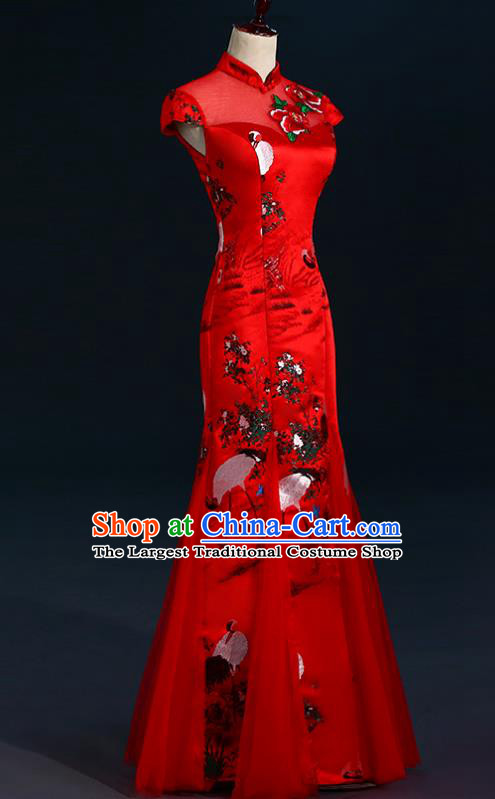 China New Year Formal Costume Compere Red Qipao Dress Professional Catwalks Full Dress Wedding Red Fishtail Dress