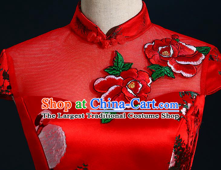 China New Year Formal Costume Compere Red Qipao Dress Professional Catwalks Full Dress Wedding Red Fishtail Dress