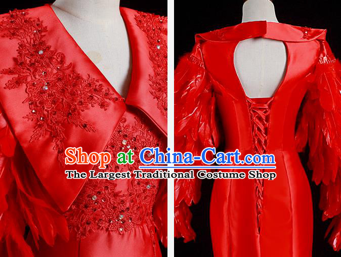 China New Year Formal Costume Compere Red Feather Sleeves Dress Professional Catwalks Full Dress