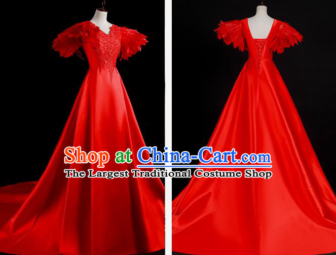 China Professional Catwalks Full Dress New Year Formal Costume Compere Red Feather Trailing Dress