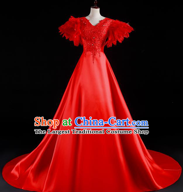 China Professional Catwalks Full Dress New Year Formal Costume Compere Red Feather Trailing Dress