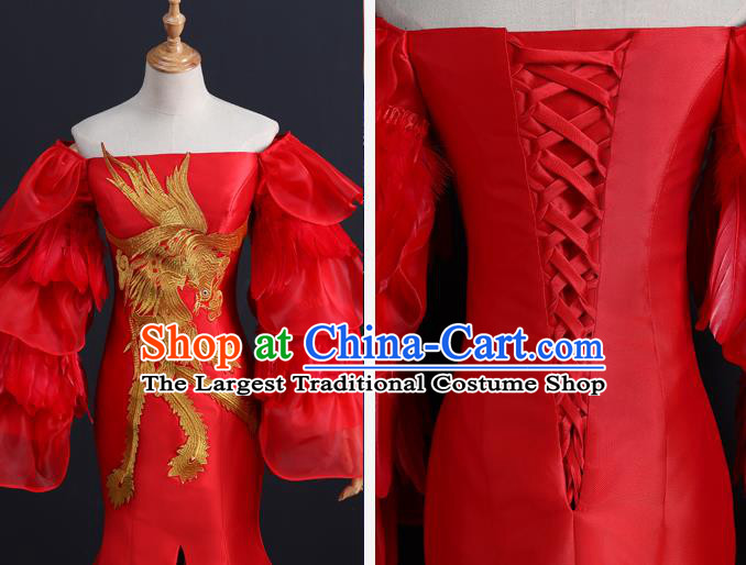 China New Year Formal Costume Compere Red Feather Dress Professional Catwalks Embroidery Phoenix Full Dress