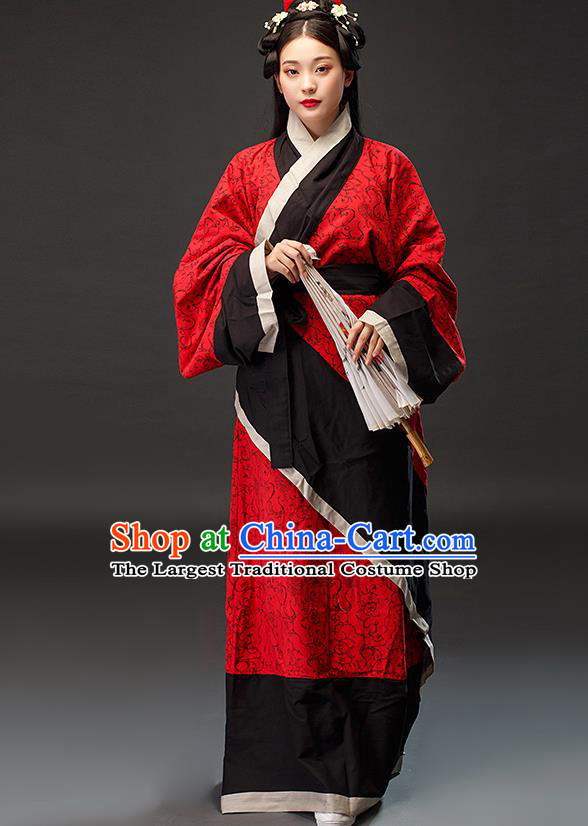 Chinese Han Dynasty Woman Red Dress Ancient TV Series Hanfu Clothing Traditional Curving Front Robe Costume